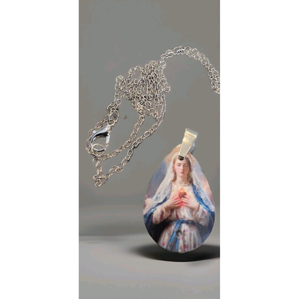 New Double Sided Virgin Mary Teardrop Pendant Necklace Immaculate Heart Catholic
